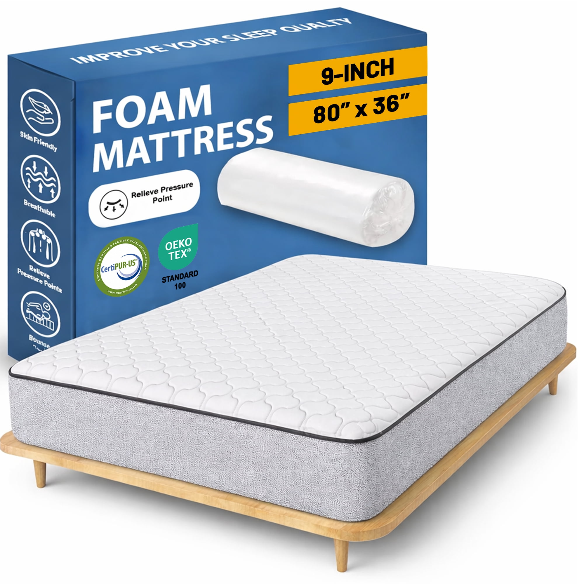 Continental Sleep, 9-Inch Medium Firm High Density Foam Mattress, Comfortable Mattress for Cooler Sleep, Supportive & Pressure Relief, 80" x 36", White