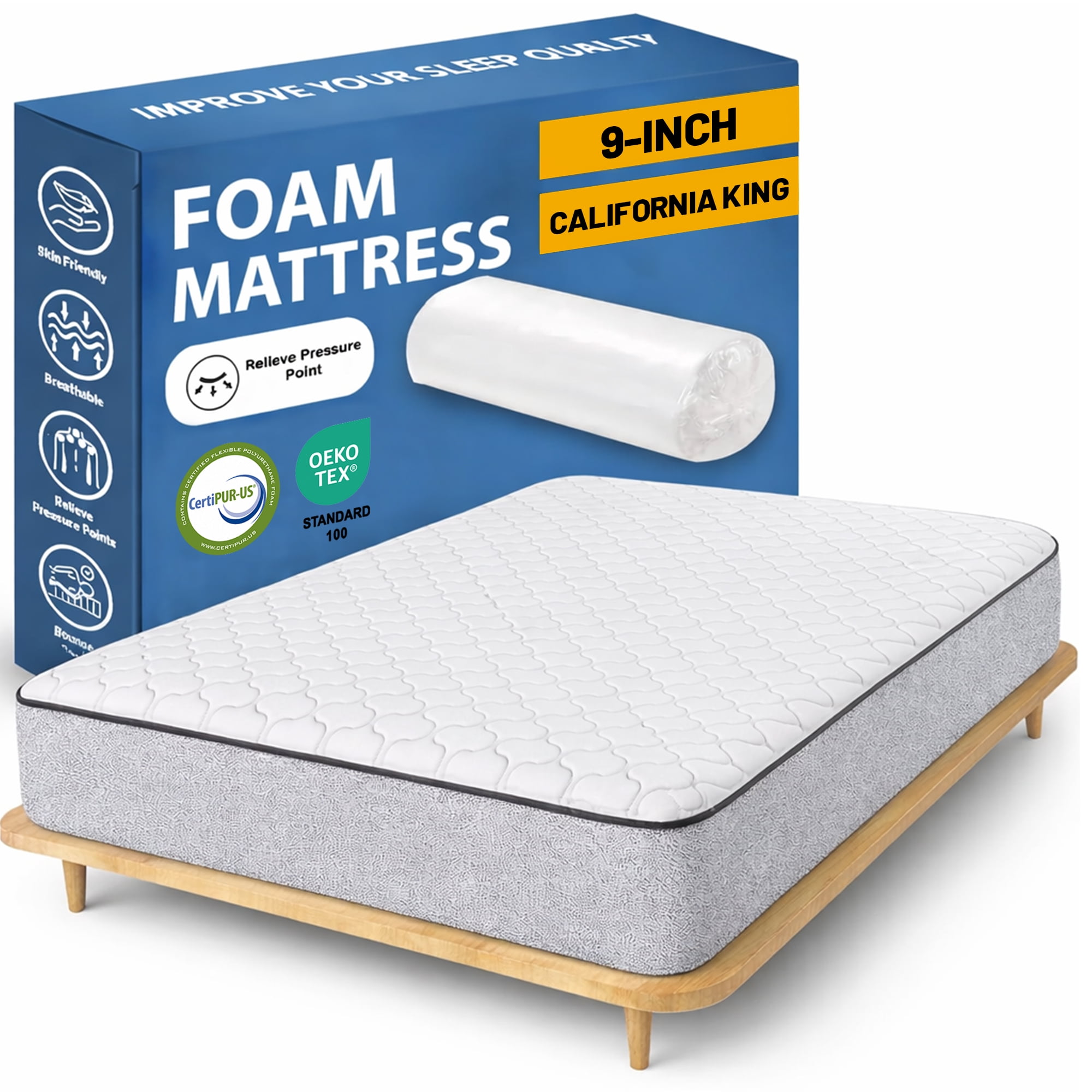 Continental Sleep, 9-Inch Medium Firm High Density Foam Mattress, Comfortable Mattress for Cooler Sleep, Supportive & Pressure Relief, California King, White