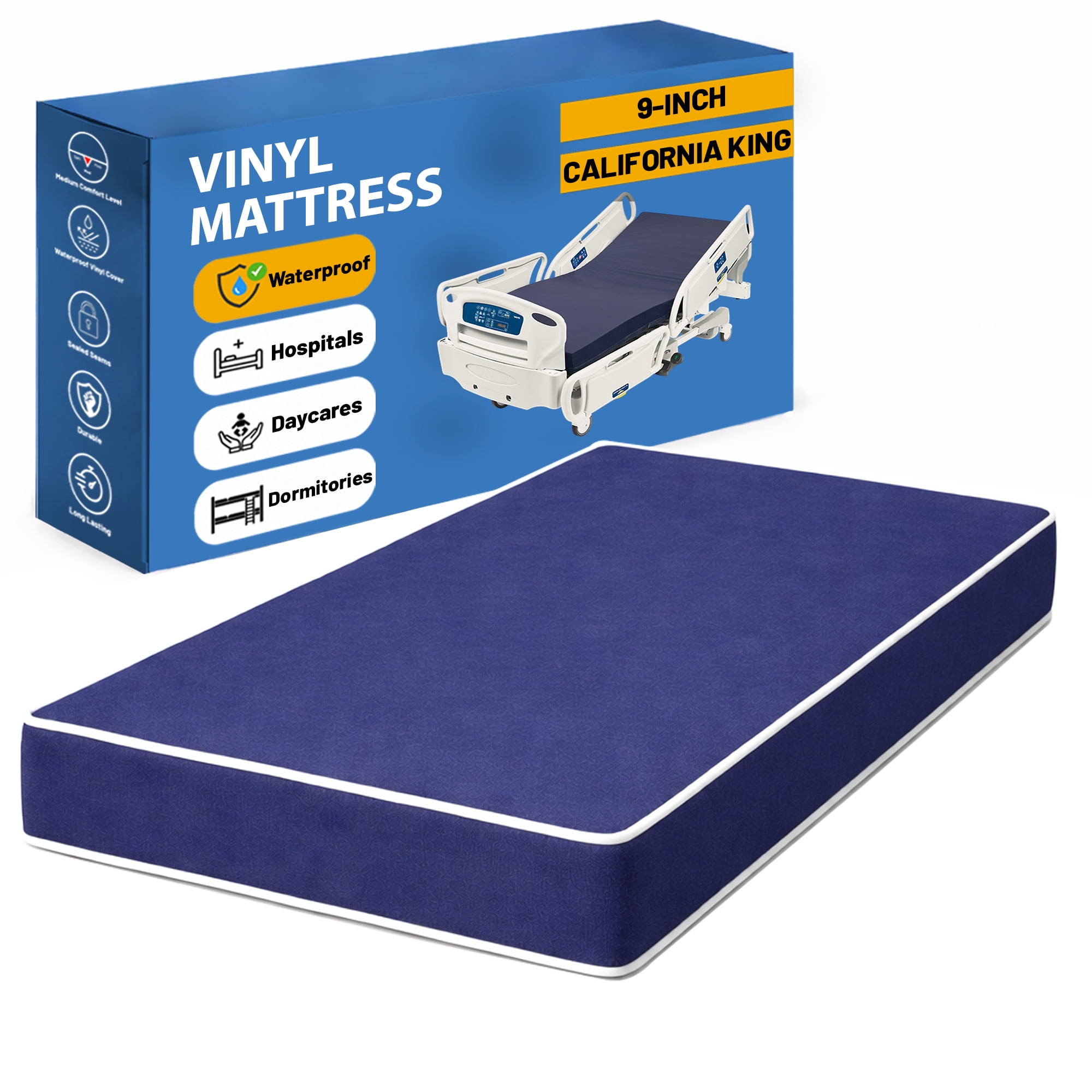 Continental Sleep, 9-Inch Medium Firm Water Resistance Nylon Vinyl Foam Mattress, Noiseless, Soft Cloud Feeling, Body Heat Reflection, Good for Hospital and Camp, California King, Blue