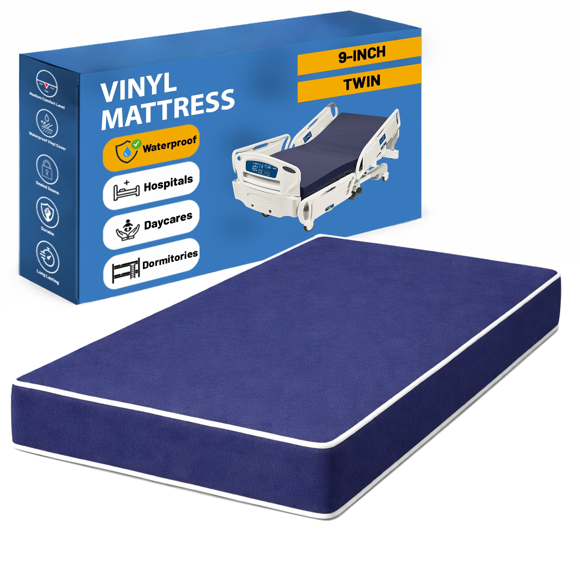 Continental Sleep, 9-Inch Medium Firm Water Resistance Nylon Vinyl Foam Mattress, Noiseless, Soft Cloud Feeling, Body Heat Reflection, Good for Hospital and Camp, Twin, Blue