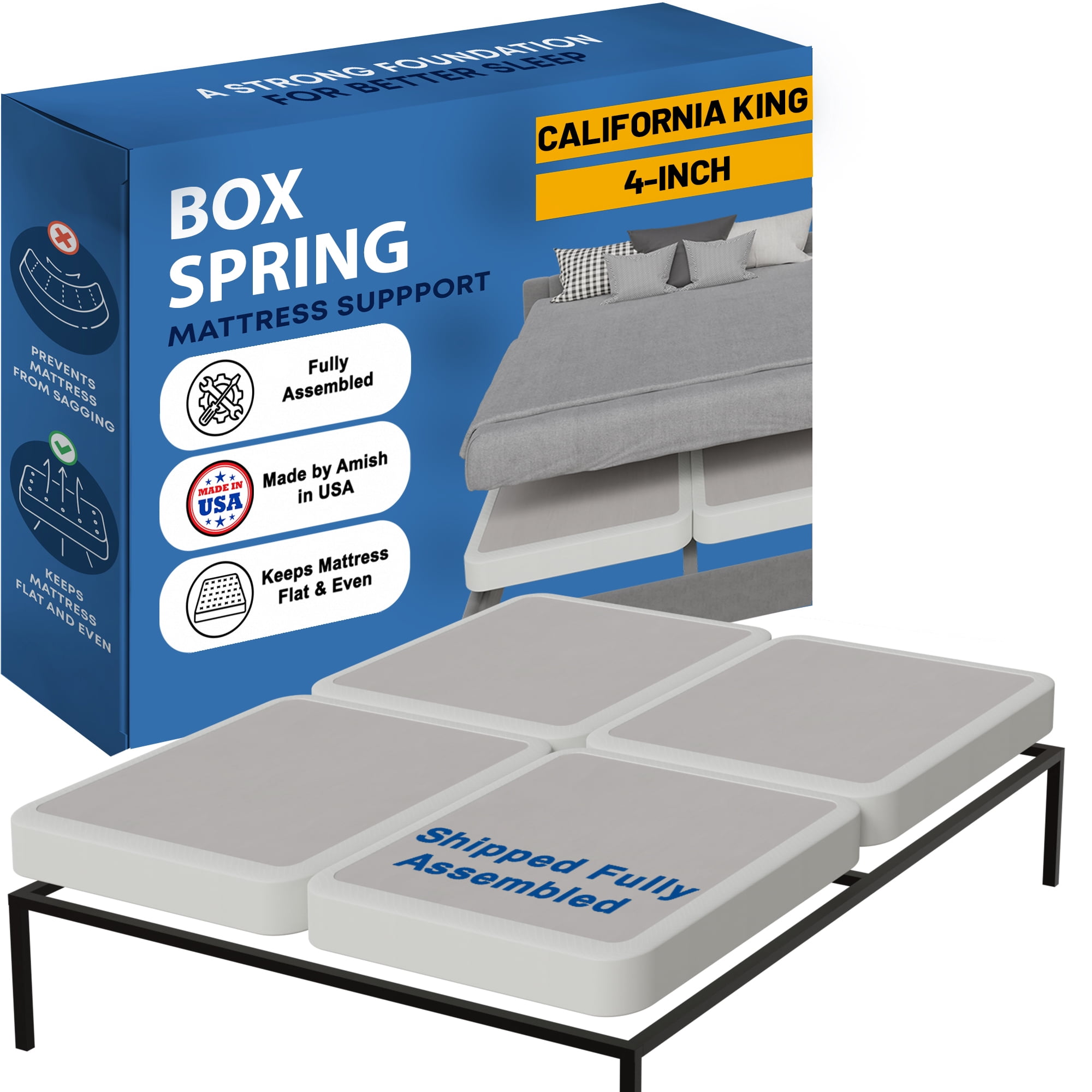 Continental Sleep, Box Spring Bed Base California King(Fold) Size, 4-Inch Wood Mattress Foundation, Quiet Noise Free, 4-Pieces Under Mattress Support BoxSpring, Fully Assembled, White