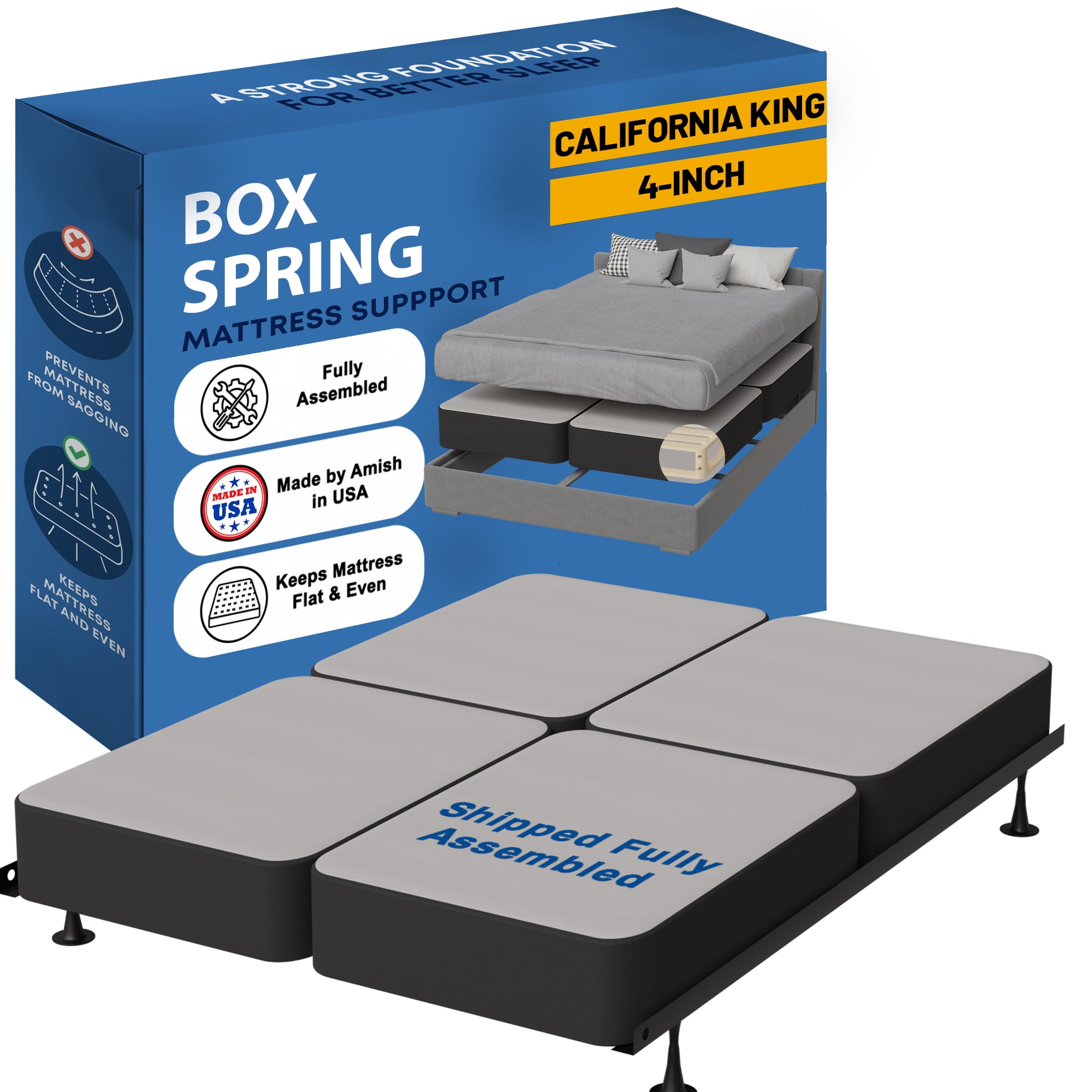 Continental Sleep, Box Spring Bed Base California King(Fold) Size, 4-Inch Wood Mattress Foundation, Quiet Noise Free, 4-Pieces Under Mattress Support BoxSpring, Fully Assembled, Black