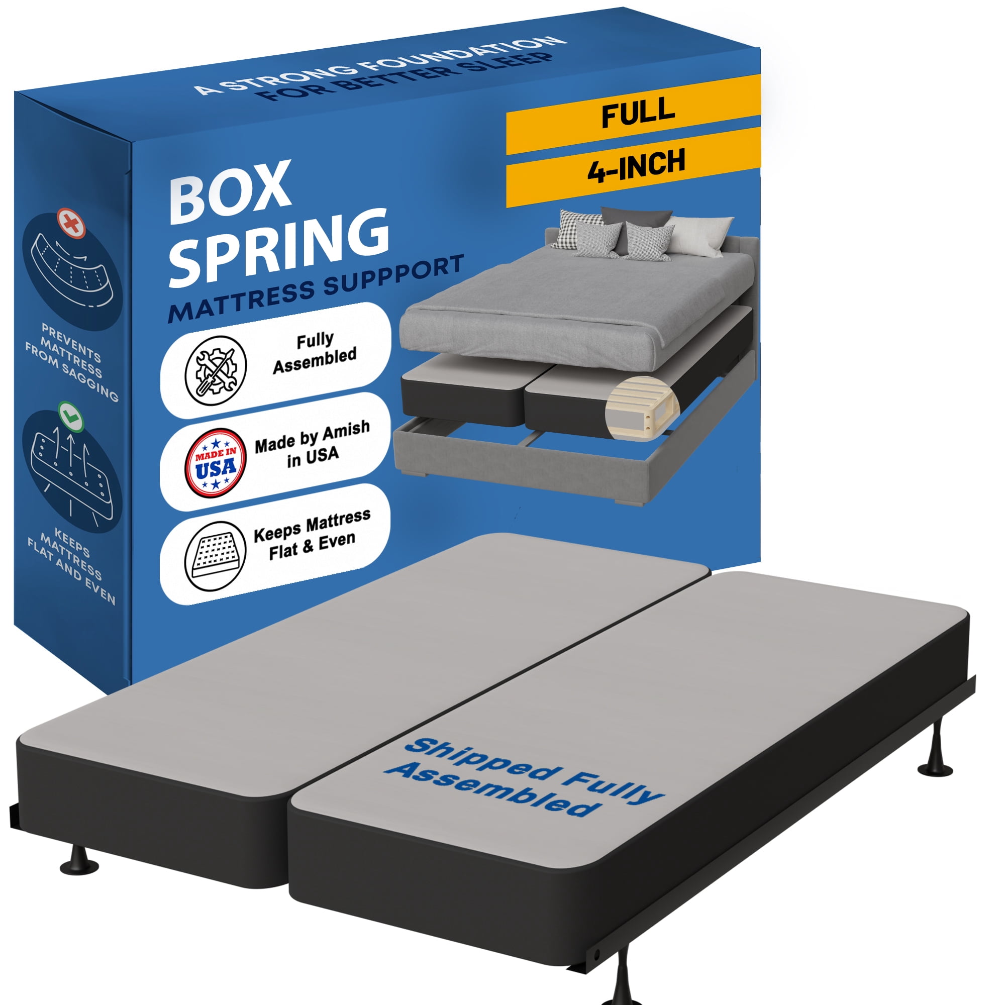 Continental Sleep, Box Spring Bed Base Full Size, 4-Inch Wood Mattress Foundation, Quiet Noise Free, 2-Pieces Under Mattress Support BoxSpring, Fully Assembled, Black