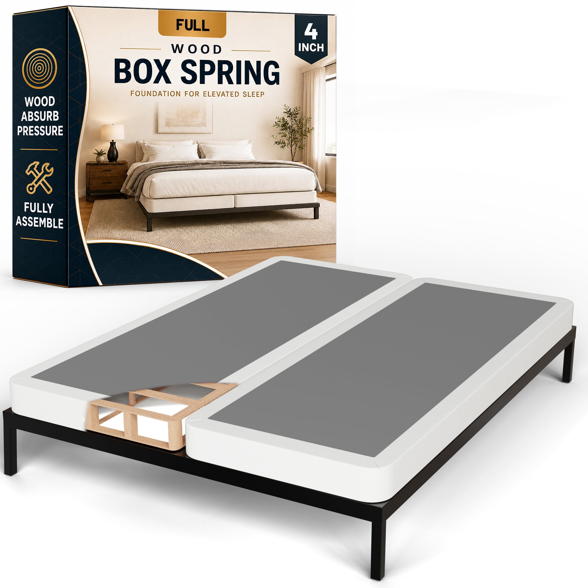 Continental Sleep, Box Spring Bed Base Full Size, 4-Inch Wood Mattress Foundation, Quiet Noise Free, 2-Pieces Under Mattress Support BoxSpring, Fully Assembled, White