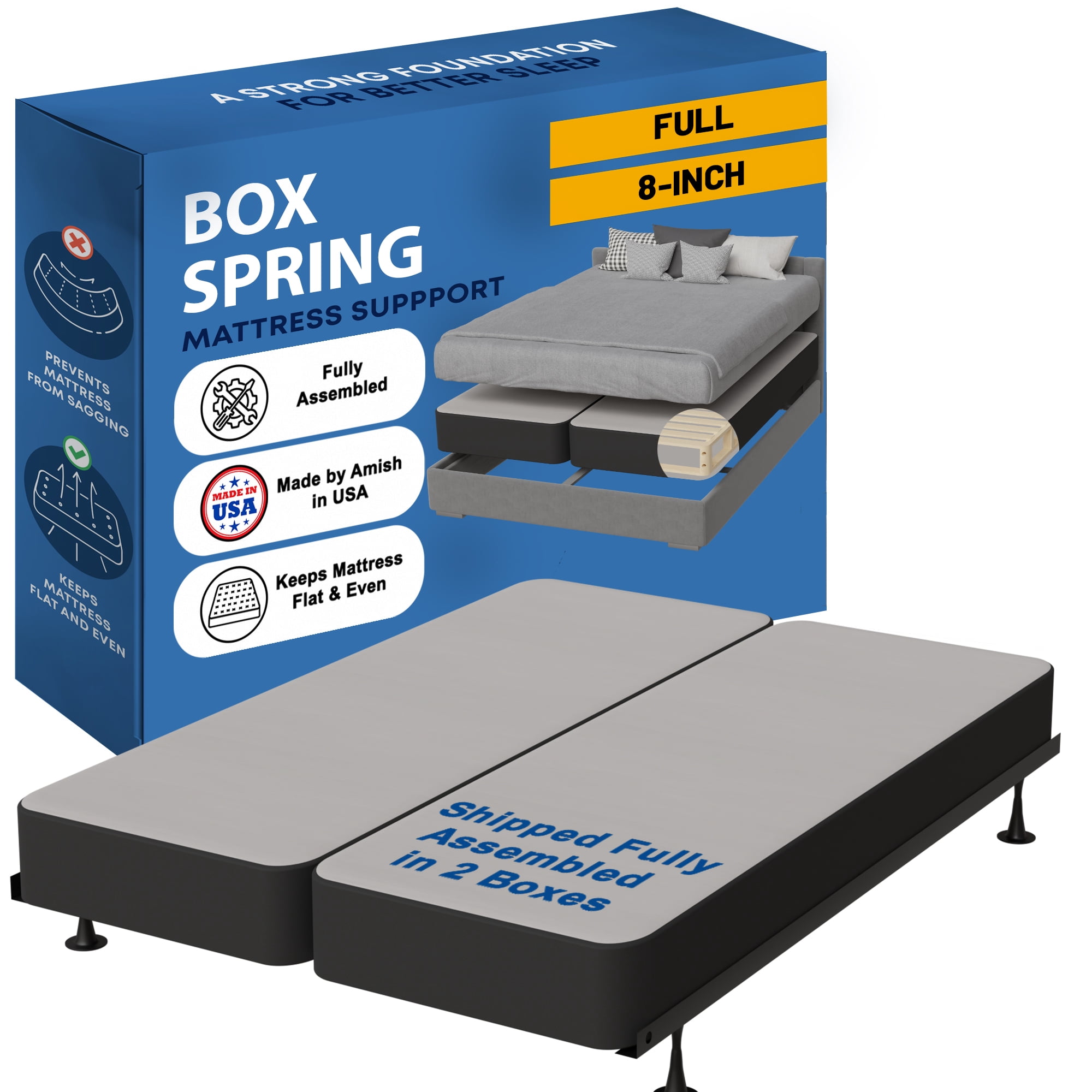 Continental Sleep, Box Spring Bed Base Full Size, 8-Inch Wood Mattress Foundation, Quiet Noise Free, 2-Pieces Under Mattress Support BoxSpring, Fully Assembled, Black