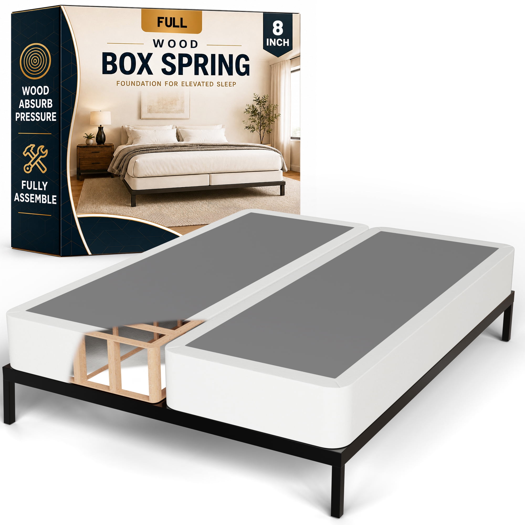 Continental Sleep, Box Spring Bed Base Full Size, 8-Inch Wood Mattress Foundation, Quiet Noise Free, 2-Pieces Under Mattress Support BoxSpring, Fully Assembled, White