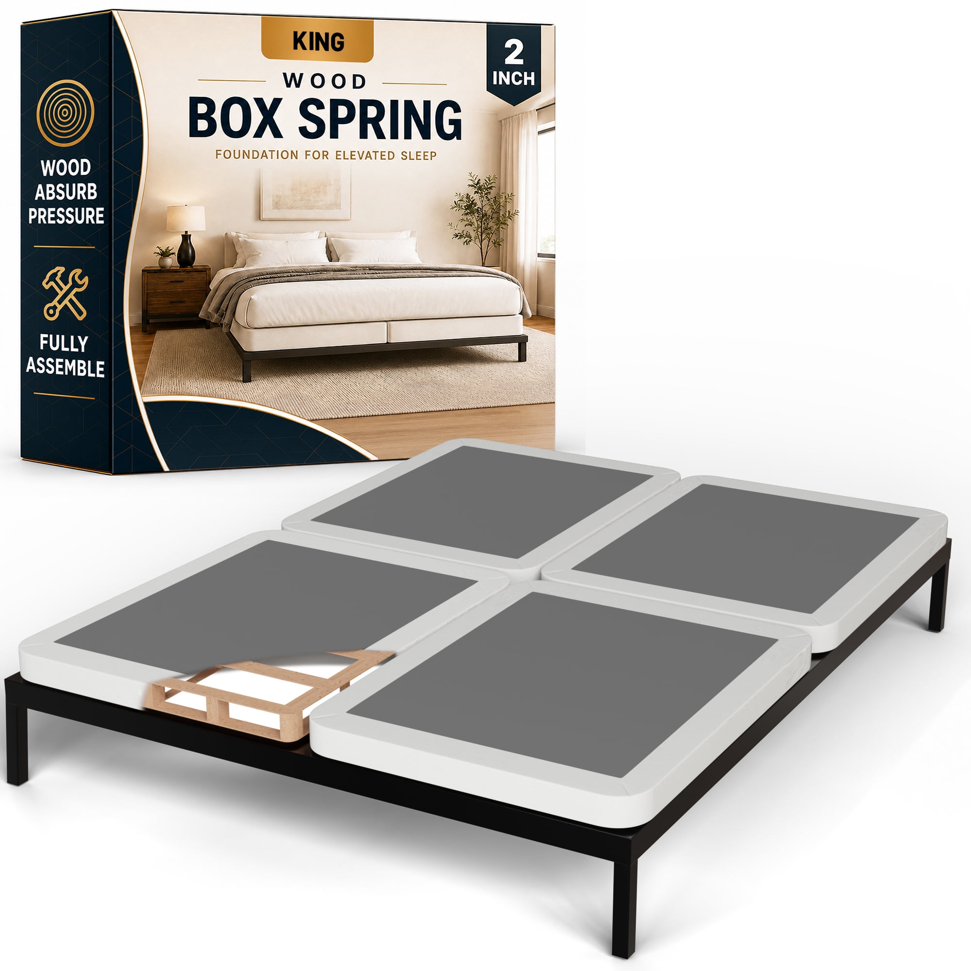 Continental Sleep, Box Spring Bed Base King(Fold) Size, 1.5-Inch Wood Mattress Foundation, Quiet Noise Free, 2-Pieces Under Mattress Support BoxSpring, Fully Assembled, White