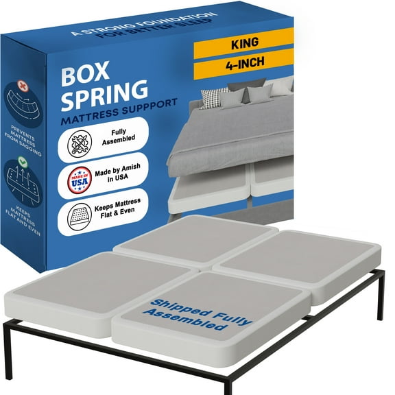 Continental Sleep, Box Spring Bed Base King(Fold) Size, 4-Inch Wood Mattress Foundation, Quiet Noise Free, 4-Pieces Under Mattress Support BoxSpring, Fully Assembled, White