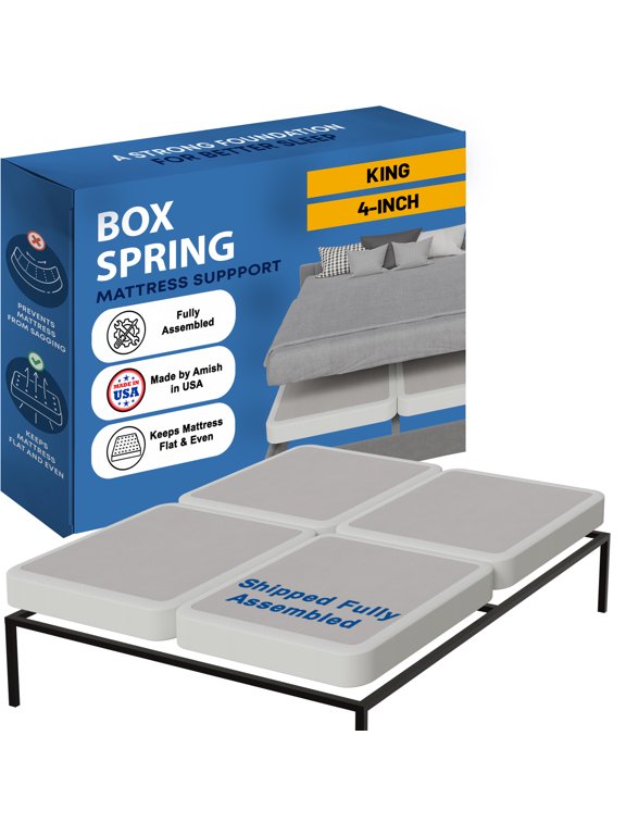 , Box Spring Bed Base King(Fold) Size, 4-Inch Wood Mattress Foundation, Quiet Noise Free, 4-Pieces Under Mattress Support BoxSpring, Fully Assembled, White
