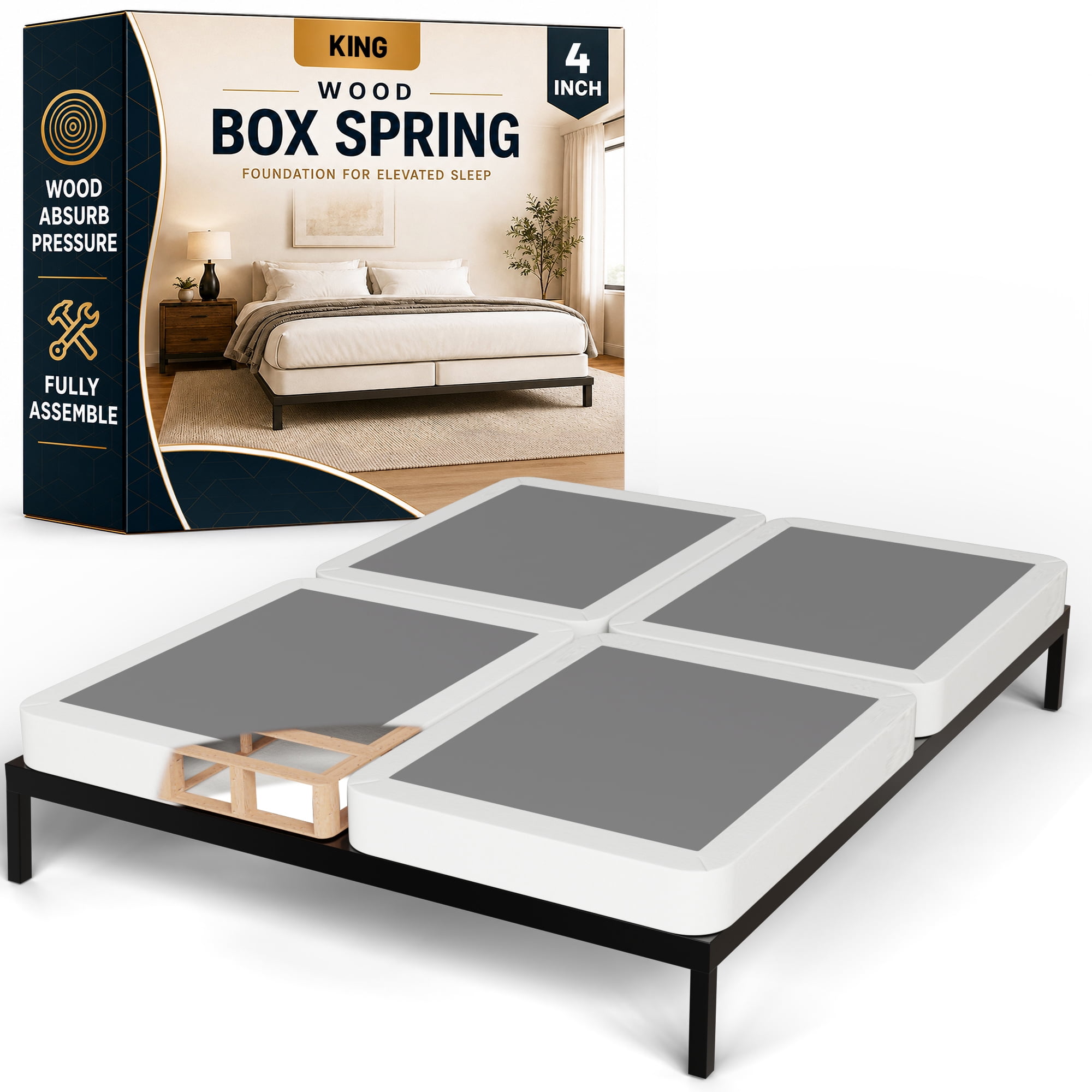 Continental Sleep, Box Spring Bed Base King(Fold) Size, 4-Inch Wood Mattress Foundation, Quiet Noise Free, 4-Pieces Under Mattress Support BoxSpring, Fully Assembled, White