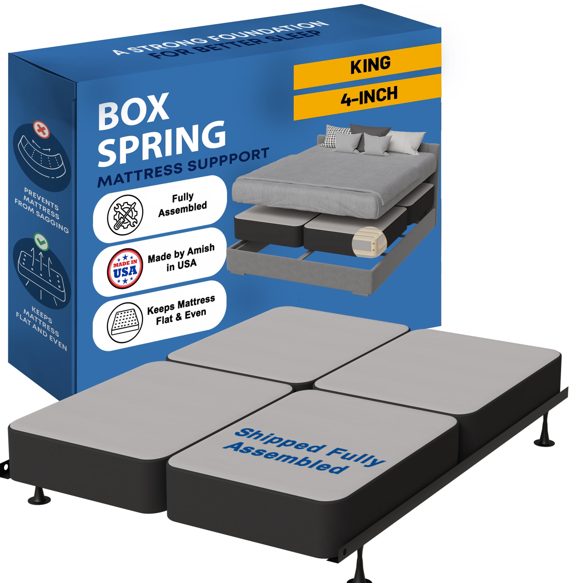 Continental Sleep, Box Spring Bed Base King(Fold) Size, 4-Inch Wood Mattress Foundation, Quiet Noise Free, 4-Pieces Under Mattress Support BoxSpring, Fully Assembled, Black
