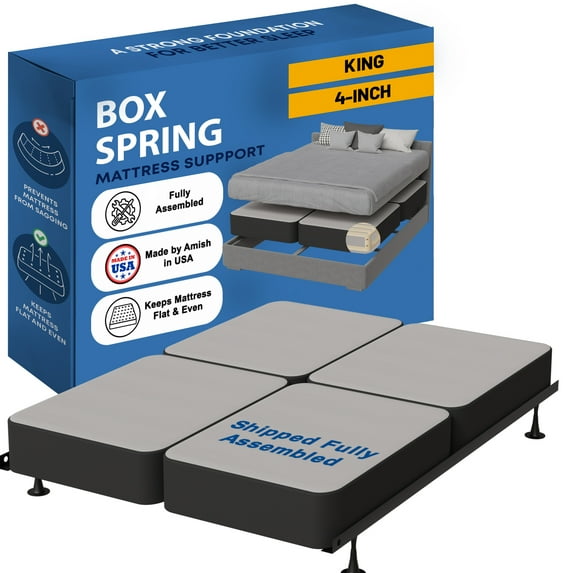 Continental Sleep, Box Spring Bed Base King(Fold) Size, 4-Inch Wood Mattress Foundation, Quiet Noise Free, 4-Pieces Under Mattress Support BoxSpring, Fully Assembled, Black
