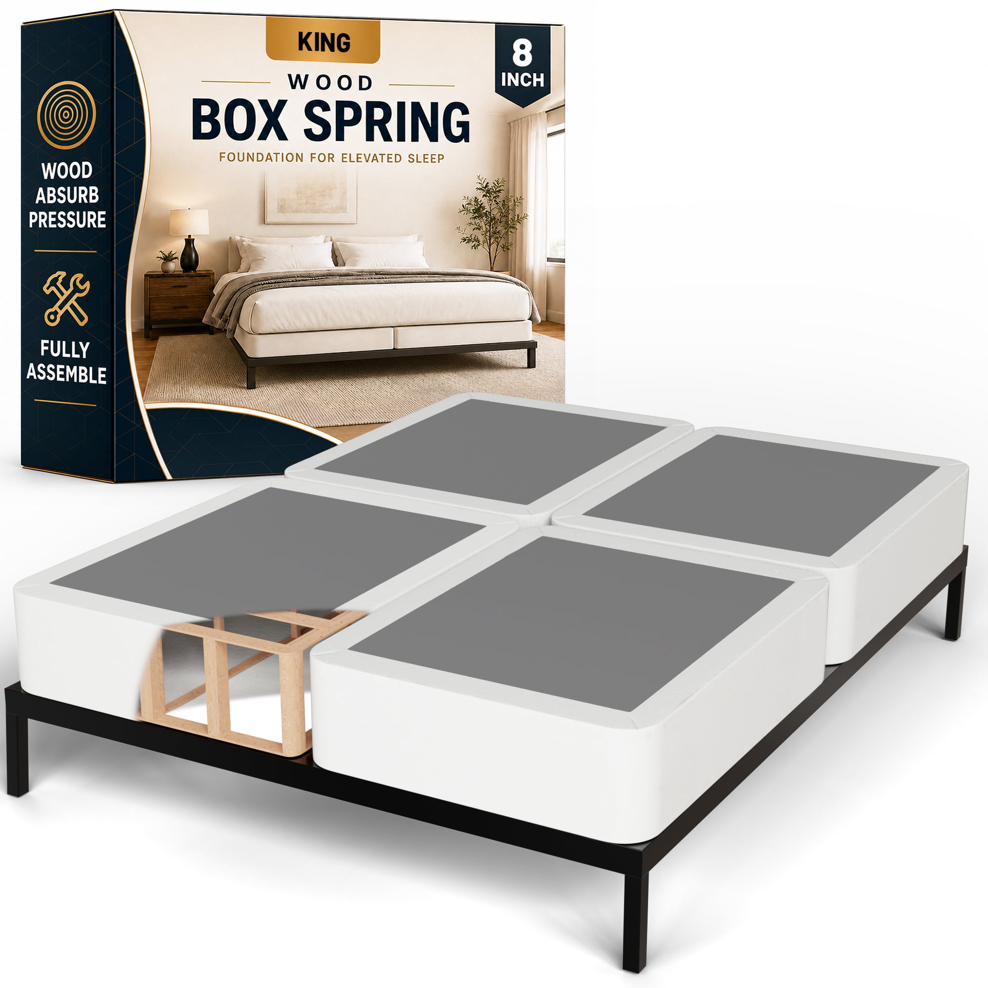 Continental Sleep, Box Spring Bed Base King(Fold) Size, 8-Inch Wood Mattress Foundation, Quiet Noise Free, 4-Pieces Under Mattress Support BoxSpring, Fully Assembled, White