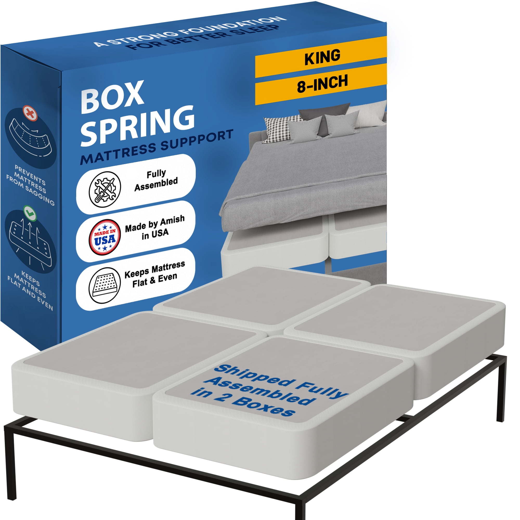 Continental Sleep, Box Spring Bed Base King(Fold) Size, 8-Inch Wood Mattress Foundation, Quiet Noise Free, 4-Pieces Under Mattress Support BoxSpring, Fully Assembled, White