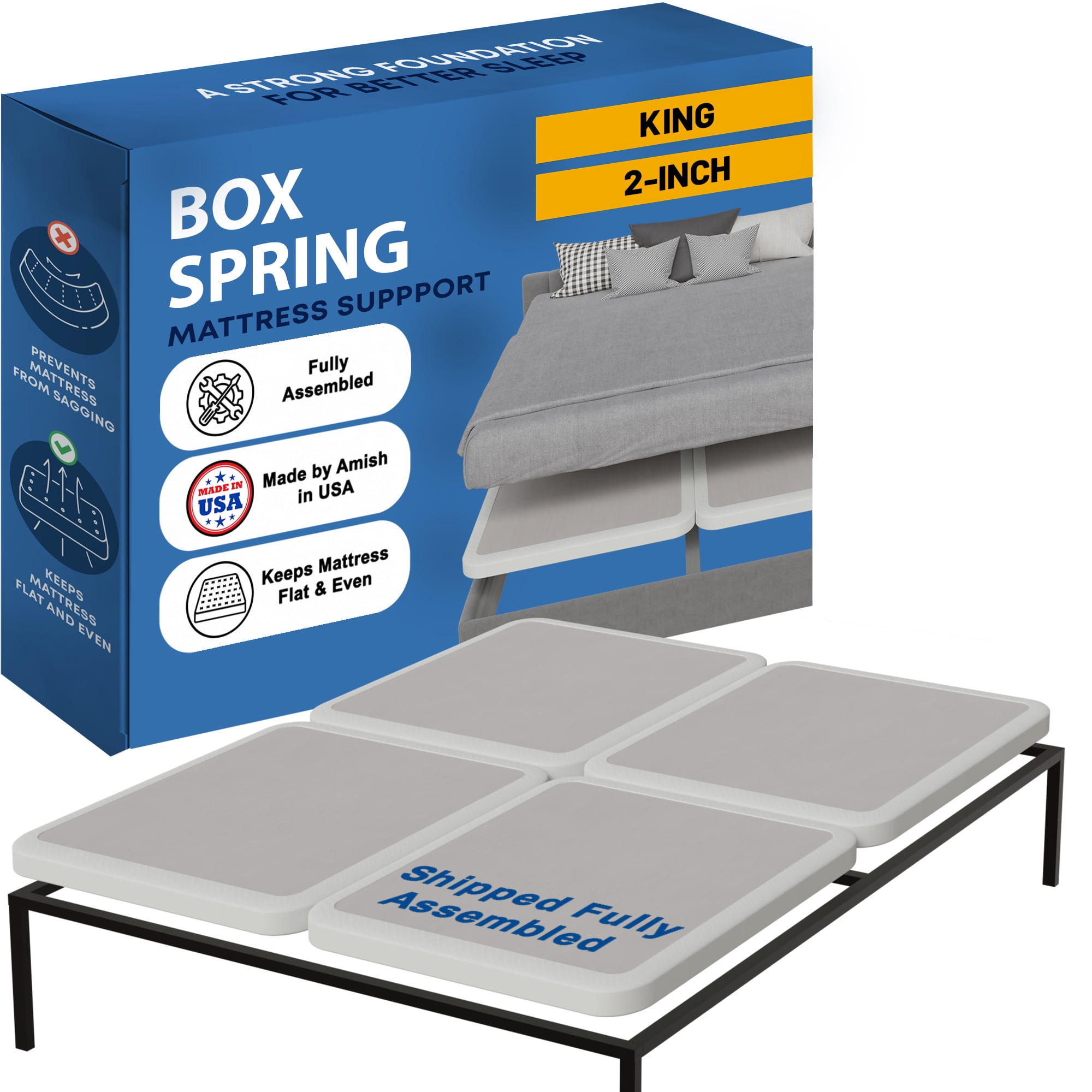 Continental Sleep, Box Spring Bed Base King Size, 2-Inch Wood Mattress Foundation, Quiet Noise Free, 4-Pieces Under Mattress Support Box Spring, Fully Assembled, White