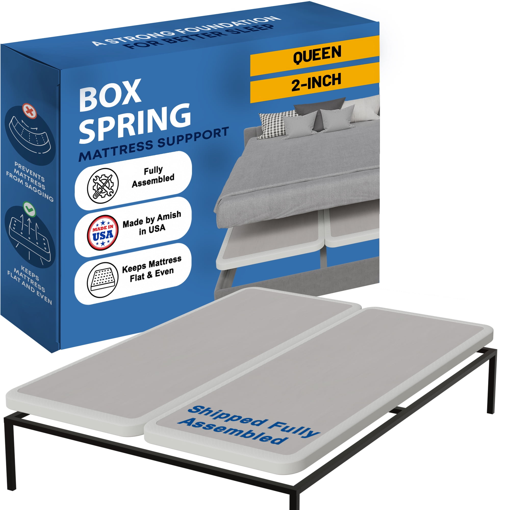 Continental Sleep, Box Spring Bed Base Queen Size, 2-Inch Wood Mattress Foundation, Quiet Noise Free, 2-Pieces Under Mattress Support BoxSpring, Fully Assembled, White