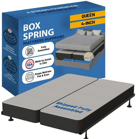 Continental Sleep, Box Spring Bed Base Queen Size, 4-Inch Wood Mattress Foundation, Quiet Noise Free, 2-Pieces Under Mattress Support BoxSpring, Fully Assembled, Black