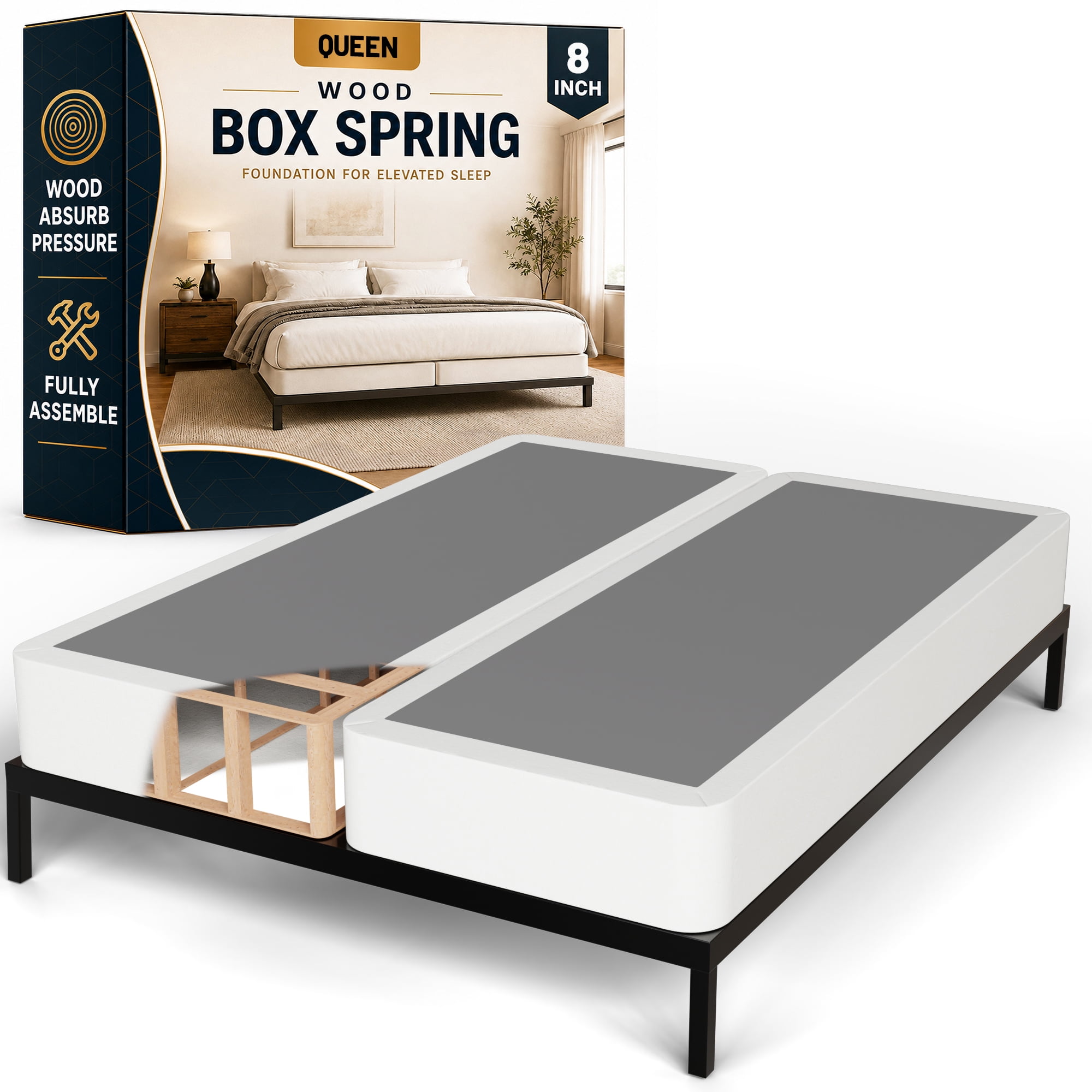 Continental Sleep, Box Spring Bed Base Queen Size, 8-Inch Wood Mattress Foundation, Quiet Noise Free, 2-Pieces Under Mattress Support BoxSpring, Fully Assembled, White