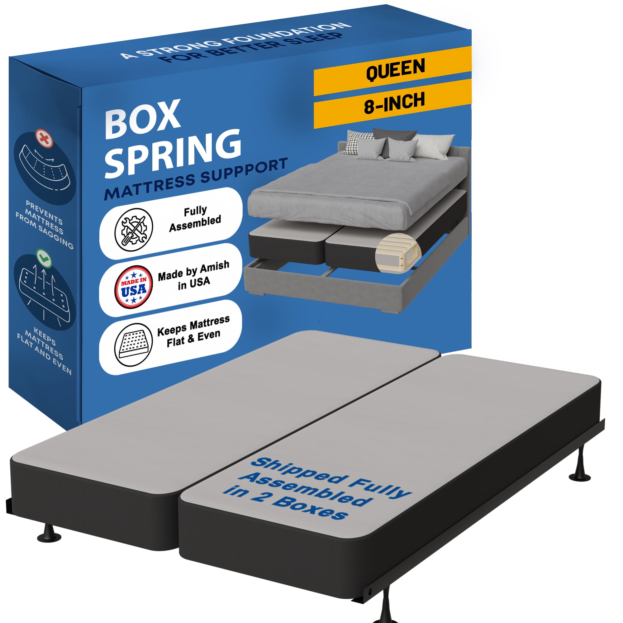 Continental Sleep, Box Spring Bed Base Queen Size, 8-Inch Wood Mattress Foundation, Quiet Noise Free, 2-Pieces Under Mattress Support BoxSpring, Fully Assembled, Black