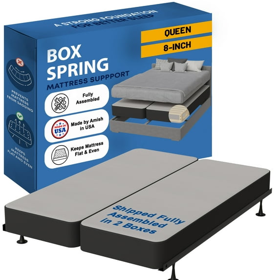 Continental Sleep, Box Spring Bed Base Queen Size, 8-Inch Wood Mattress Foundation, Quiet Noise Free, 2-Pieces Under Mattress Support BoxSpring, Fully Assembled, Black
