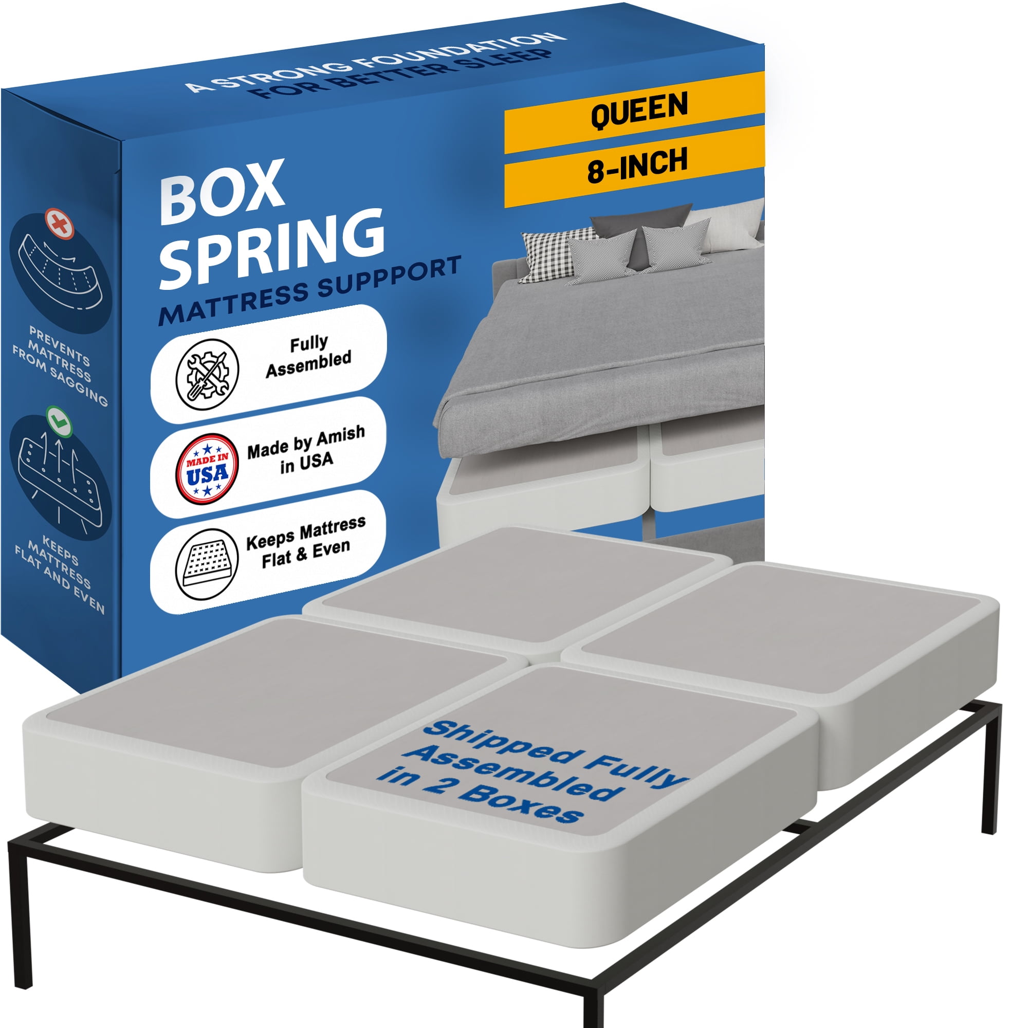Continental Sleep, Box Spring Bed Base Queen Size, 8-Inch Wood Mattress Foundation, Quiet Noise Free, 4-Pieces Under Mattress-Support BoxSpring, Fully Assembled, White