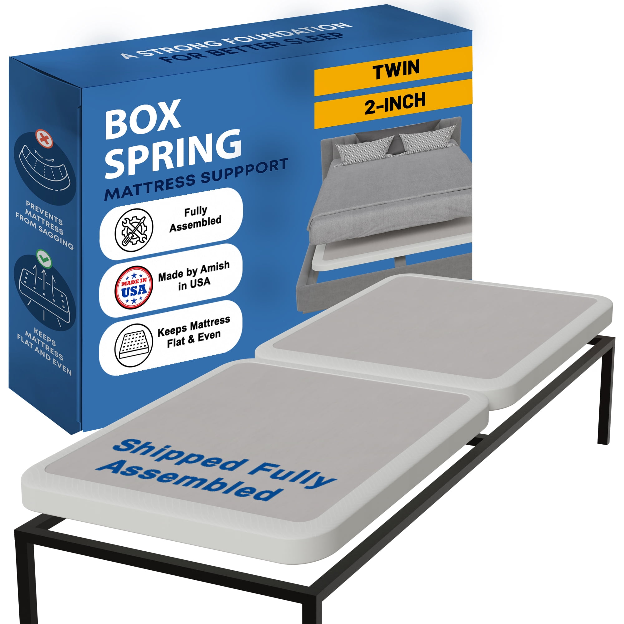 Continental Sleep Twin Size Box Spring Bed Base, 2-Inch Wood Mattress Foundation, Noise-Free, Fully Assembled, Under Mattress Support Box Spring, White