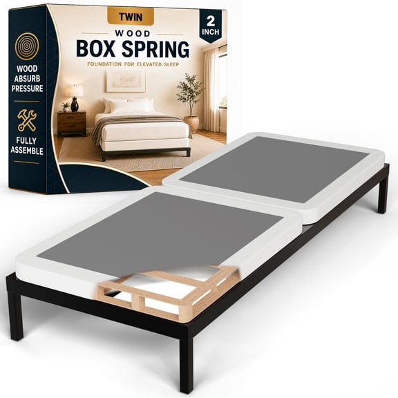 Continental Sleep Twin Size Box Spring Bed Base, 2-Inch Wood Mattress Foundation, Noise-Free, Fully Assembled, Under Mattress Support Box Spring, White