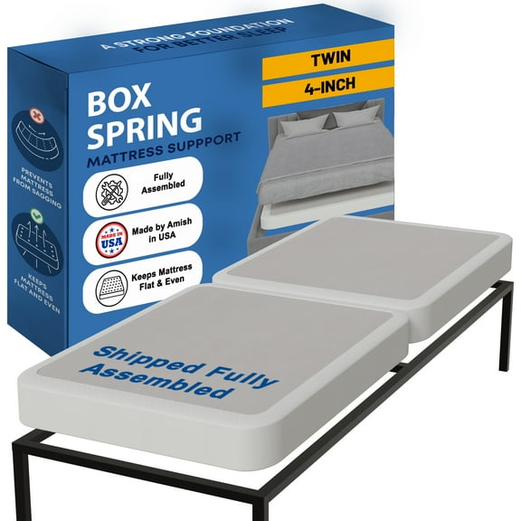 Continental Sleep, Box Spring Bed Base Twin Size, 4-Inch Wood Mattress Foundation, Quiet Noise Free, 2-Pieces Under Mattress Support BoxSpring, Fully Assembled, White