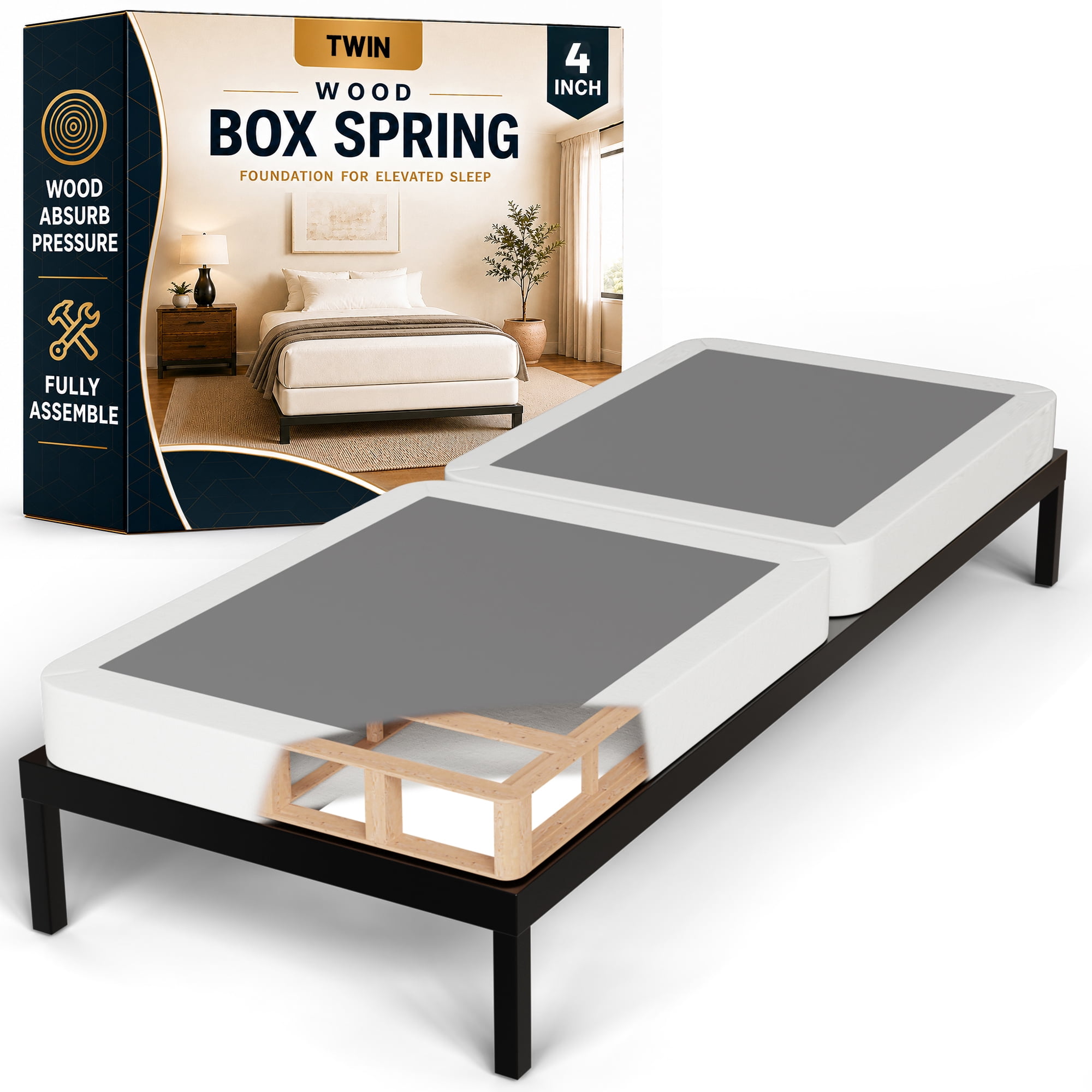 Continental Sleep, Box Spring Bed Base Twin Size, 4-Inch Wood Mattress Foundation, Quiet Noise Free, 2-Pieces Under Mattress Support BoxSpring, Fully Assembled, White
