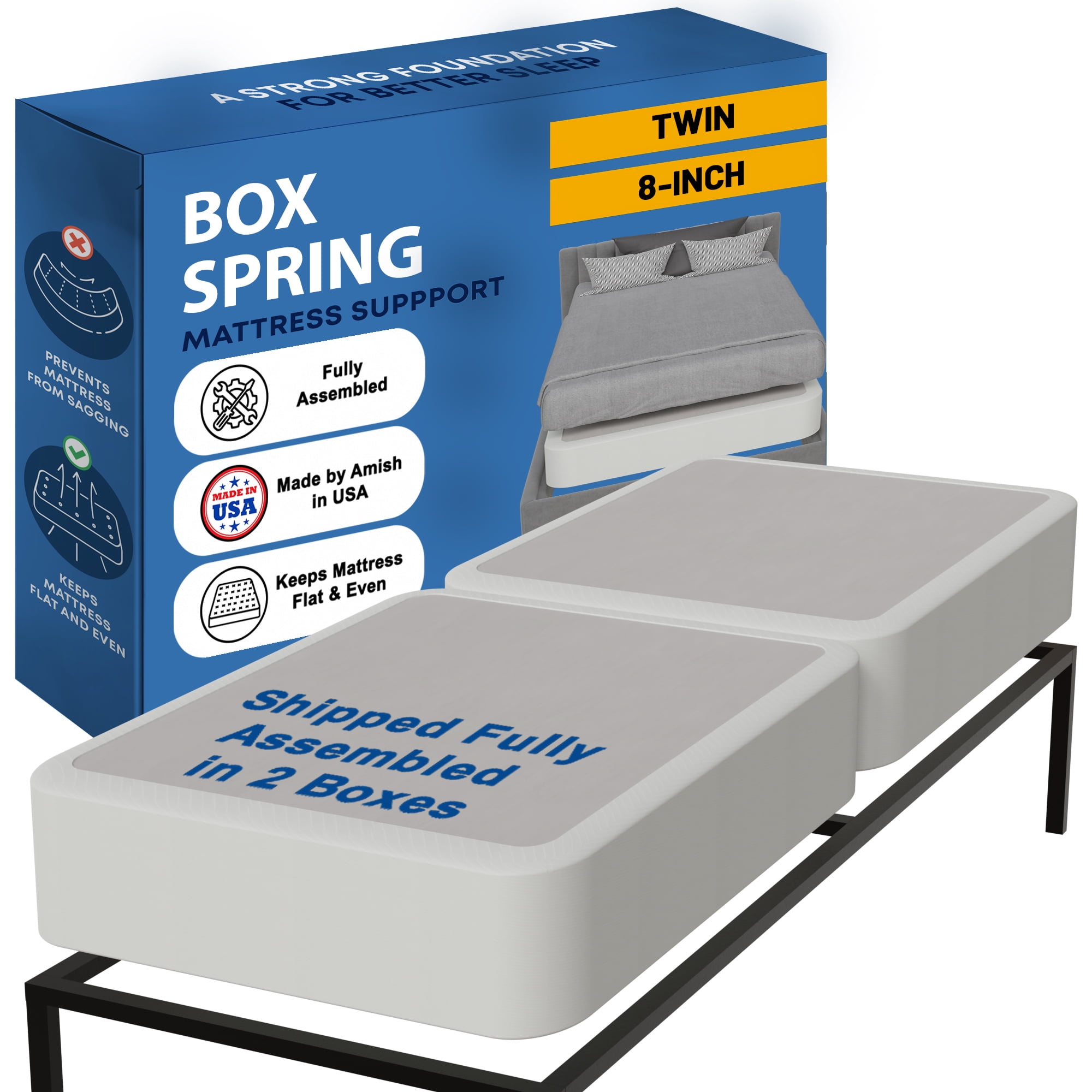 Continental Sleep, Box Spring Bed Base Twin Size, 8-Inch Wood Mattress Foundation, Quiet Noise Free, 2-Pieces Under Mattress Support BoxSpring, Fully Assembled, White