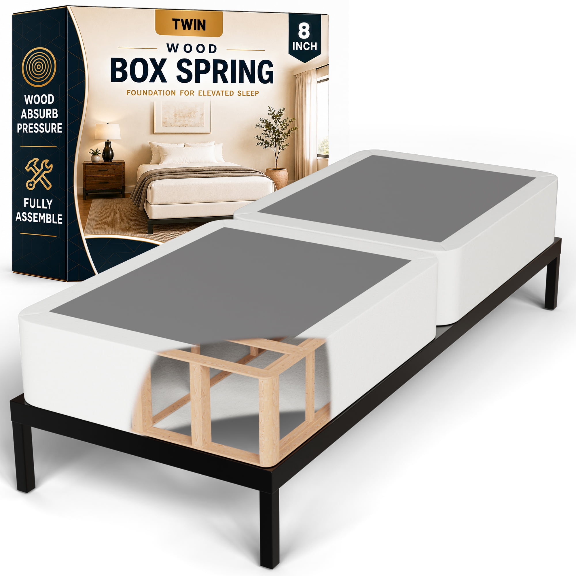 Continental Sleep, Box Spring Bed Base Twin Size, 8-Inch Wood Mattress Foundation, Quiet Noise Free, 2-Pieces Under Mattress Support BoxSpring, Fully Assembled, White