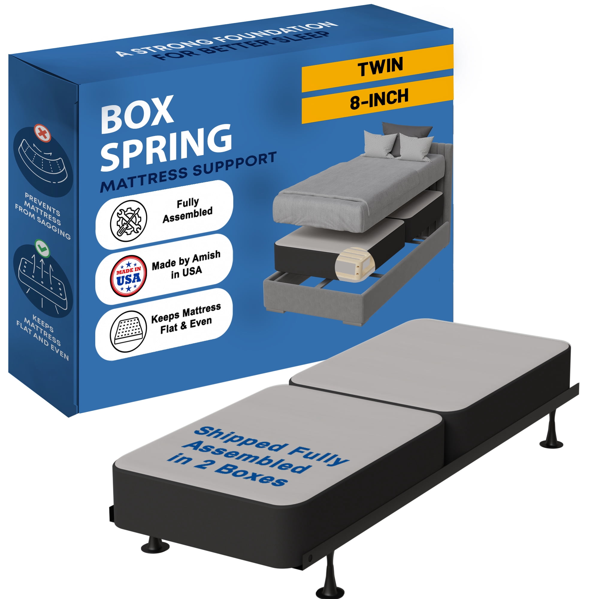 Continental Sleep, Box Spring Bed Base Twin Size, 8-Inch Wood Mattress Foundation, Quiet Noise Free, 2-Pieces Under Mattress Support BoxSpring, Fully Assembled, Black