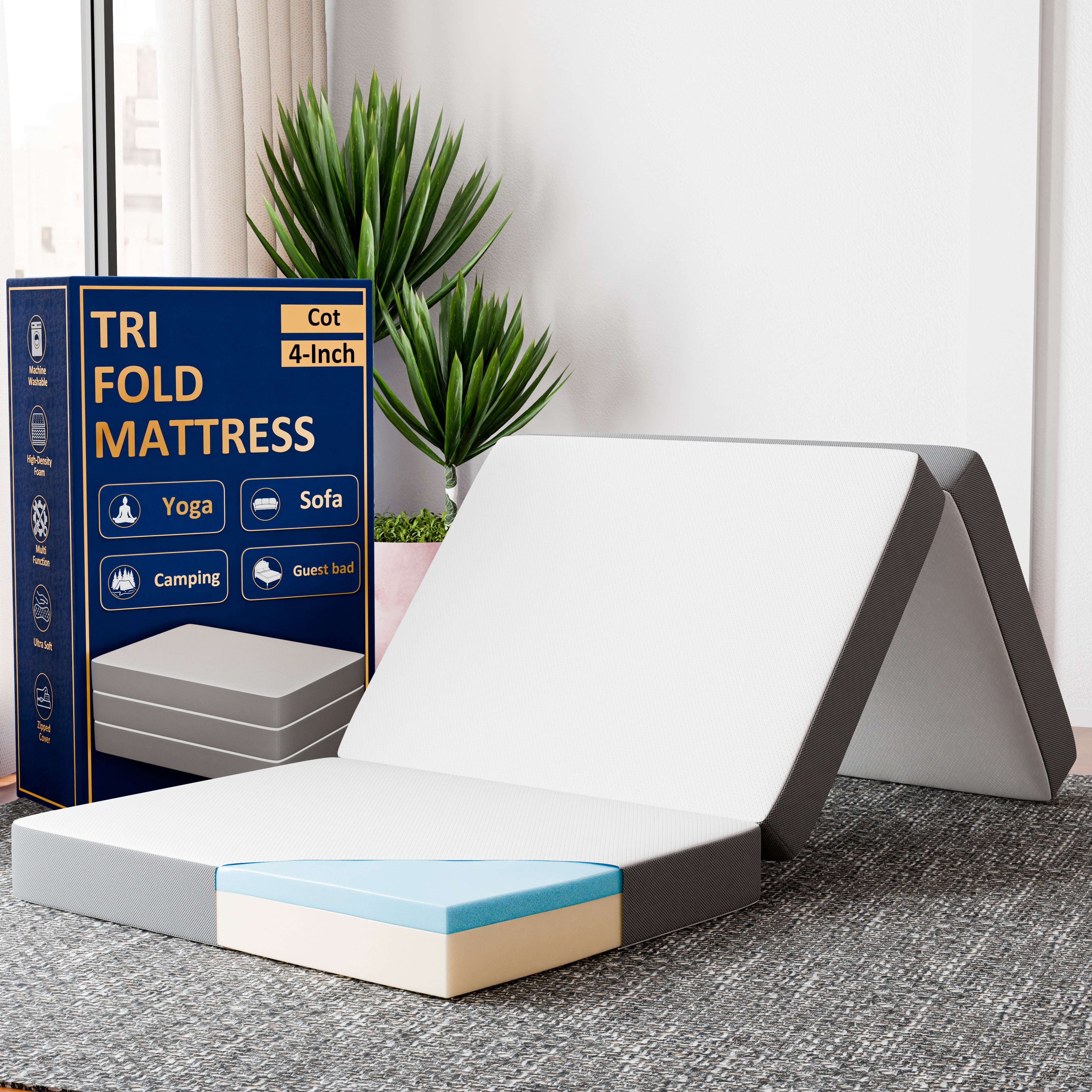 Continental Sleep By Sunset, 4” Memory Foam Tri-Fold Mattress, Good for Kids and Adult, 31".