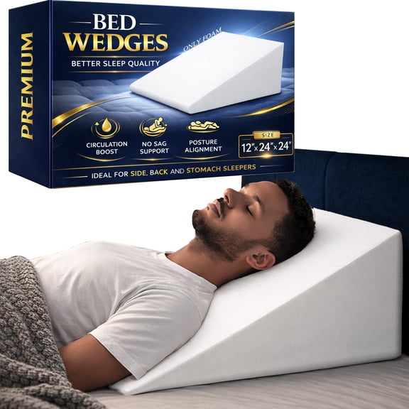 Continental Sleep, Elevated Bed Wedge Pillow for Back Support, Acid Reflux, Leg, Neck Pain, Snoring, Triangle Pillow, Incline Shape for Improved Sleep, 12”x 24”x 24”, White