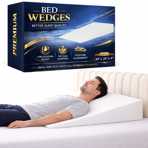 Continental Sleep, Extra Wide Bed Wedge Pillow, Body Support Sponge, Tringle Incline Cushion to Elevate Upper Body, Good for Neck Pain, Snoring, Acid Reflux, 40 x 20 x 4, White