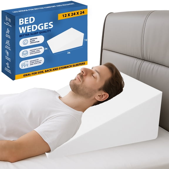 Continental Sleep, Elevated Bed Wedge Pillow for Back Support, Acid Reflux, Leg, Neck Pain, Snoring, Triangle Pillow, Incline Shape for Improved Sleep, 12”x 24”x 24”, White