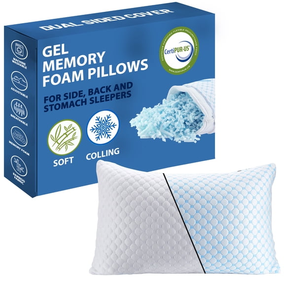 Continental Sleep, Gel Memory Foam Sleeping Pillow, Pressure Relief for Neck & Shoulder, Adjustable Height, Cooling Breathable Cover, for Side, Back & Stomach Sleepers, 25" x 15", White