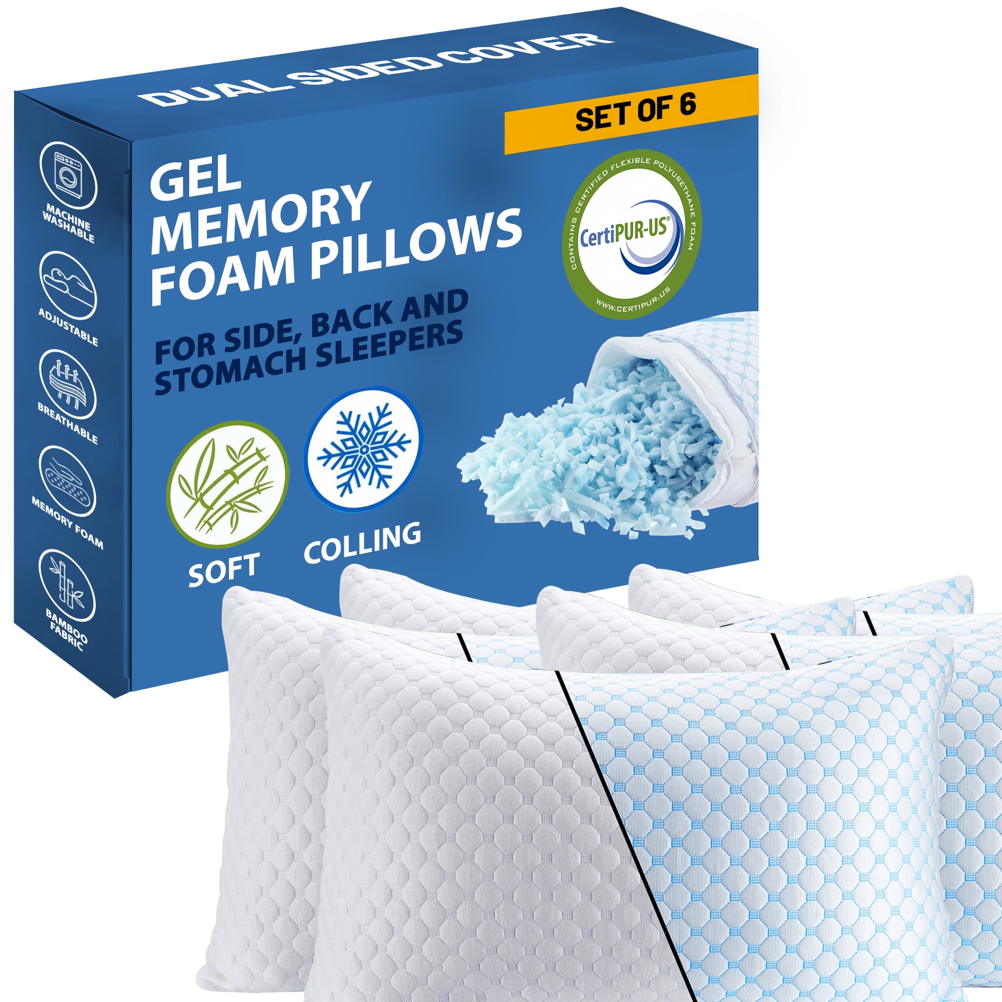 Continental Sleep, Gel Memory Foam Sleeping Pillow, Pressure Relief for Neck & Shoulder, Adjustable Height, Cooling Breathable Cover, for Side, Back & Stomach Sleepers, 25" x 15", (Set Of 6), White
