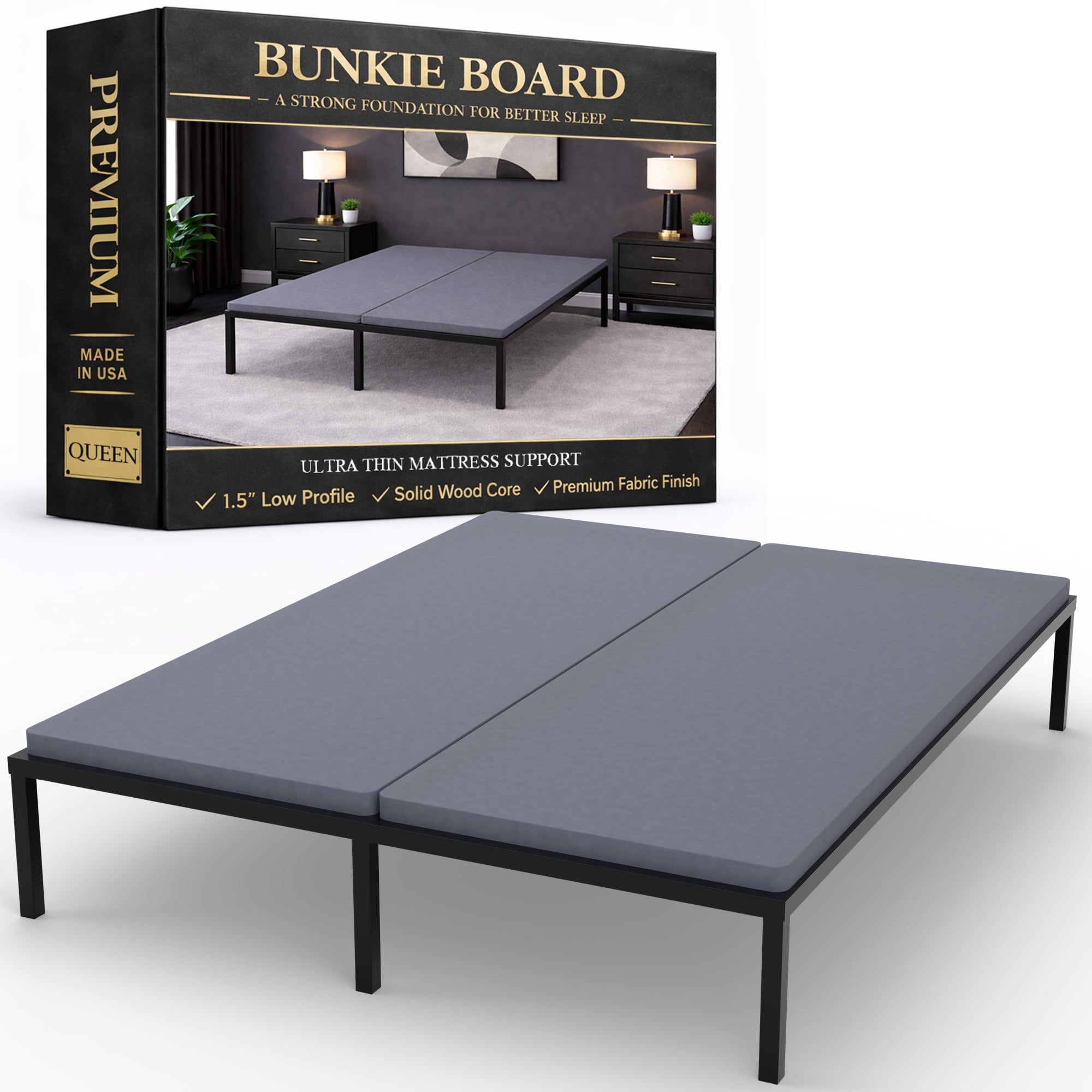 Continental Sleep, Premium 38mm Solid Surface Wood Bunkie Board Queen Size Bed Frames, 2-Piece Under Mattress Support Board, Fabric Ventilation Cover, Replaces Wooden Slats or Box Spring