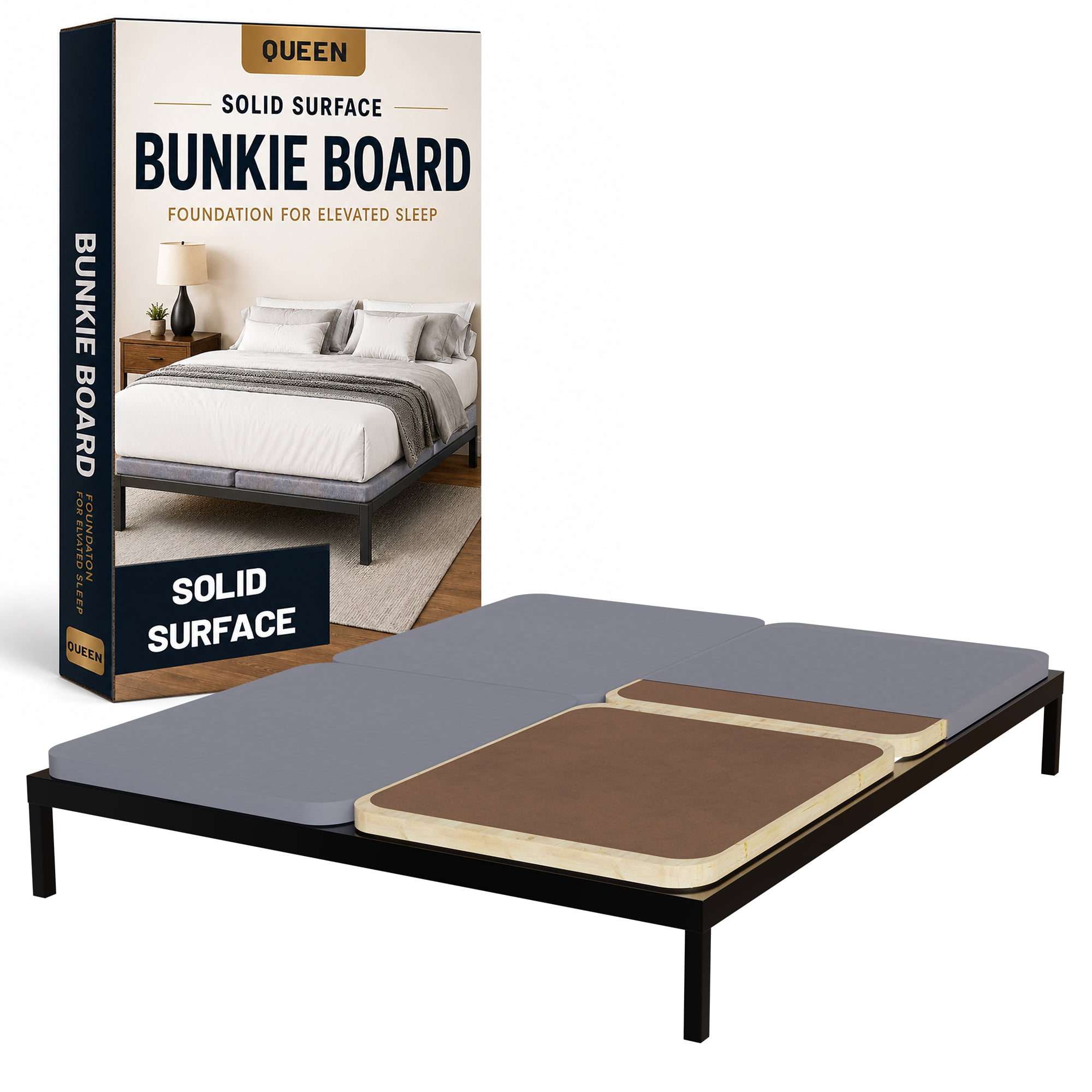 Continental Sleep, Premium 38mm Solid Surface Wood Bunkie Board Queen Size Bed Frames, 4-Piece Under Mattress Support Board, Fabric Ventilation Cover, Replaces Wooden Slats or Box Spring