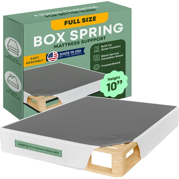 Continental Sleep, Unassembled Full Box Spring for Full Bed, 10-Inch Wood Box Spring Only, Quiet Noise, Free Replacement Mattress Foundation, Packed Flat, Easy Assembly, White