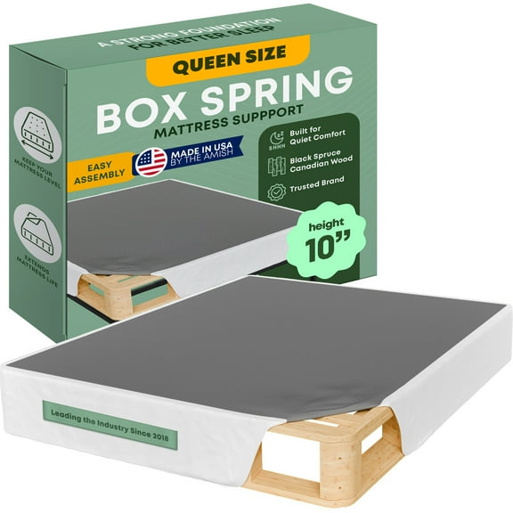 Continental Sleep, Unassembled Queen Box Spring for Queen Bed, 10-Inch Wood Box Spring Only, Quiet Noise, Free Replacement Mattress Foundation, Packed Flat, Easy Assembly, White
