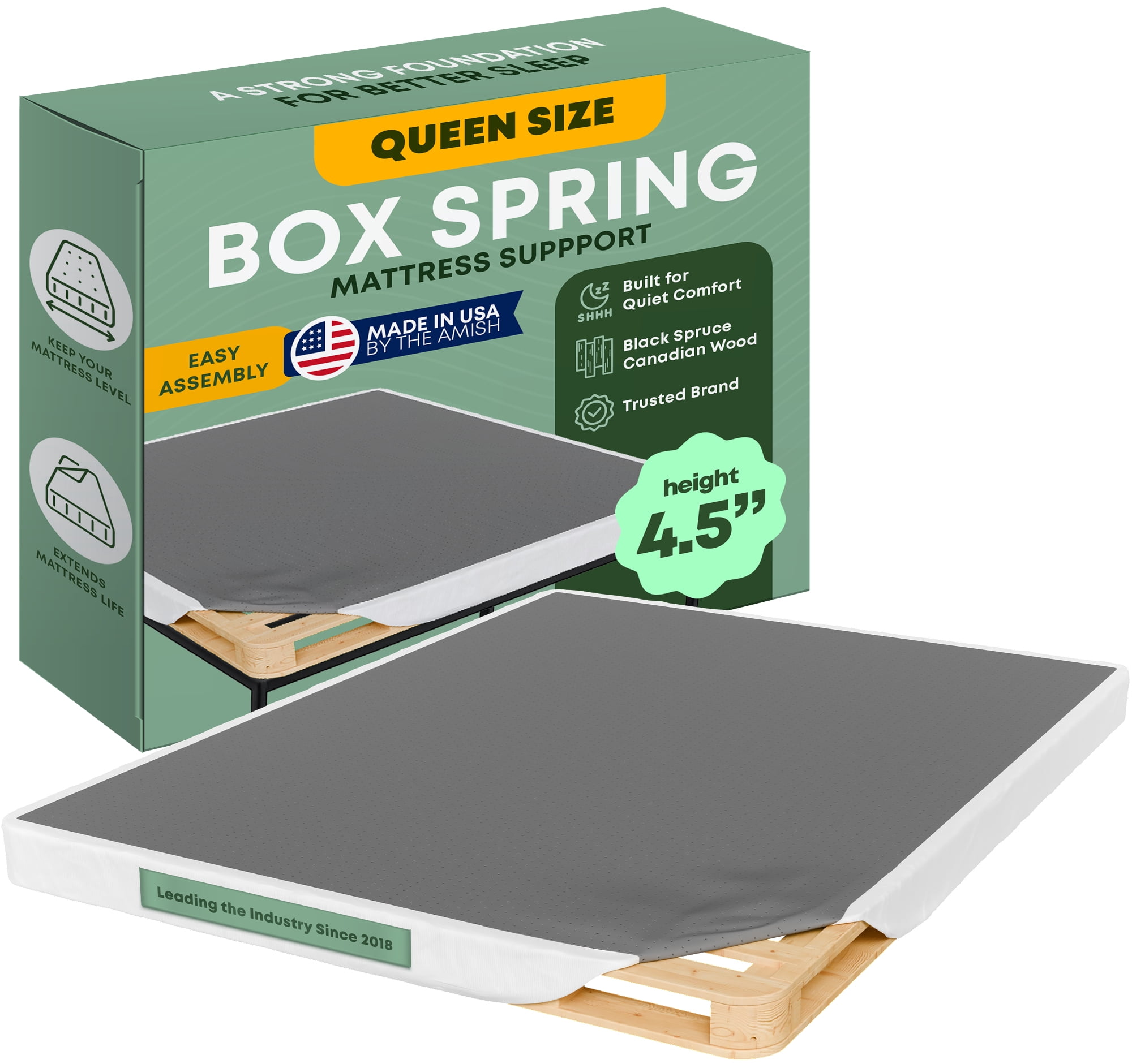 Continental Sleep, Unassembled Queen Box Spring for Queen Bed, 4.5-Inch Wood Box Spring Only, Noise-Free Mattress Foundation, Packed Flat, Easy Assembly, White