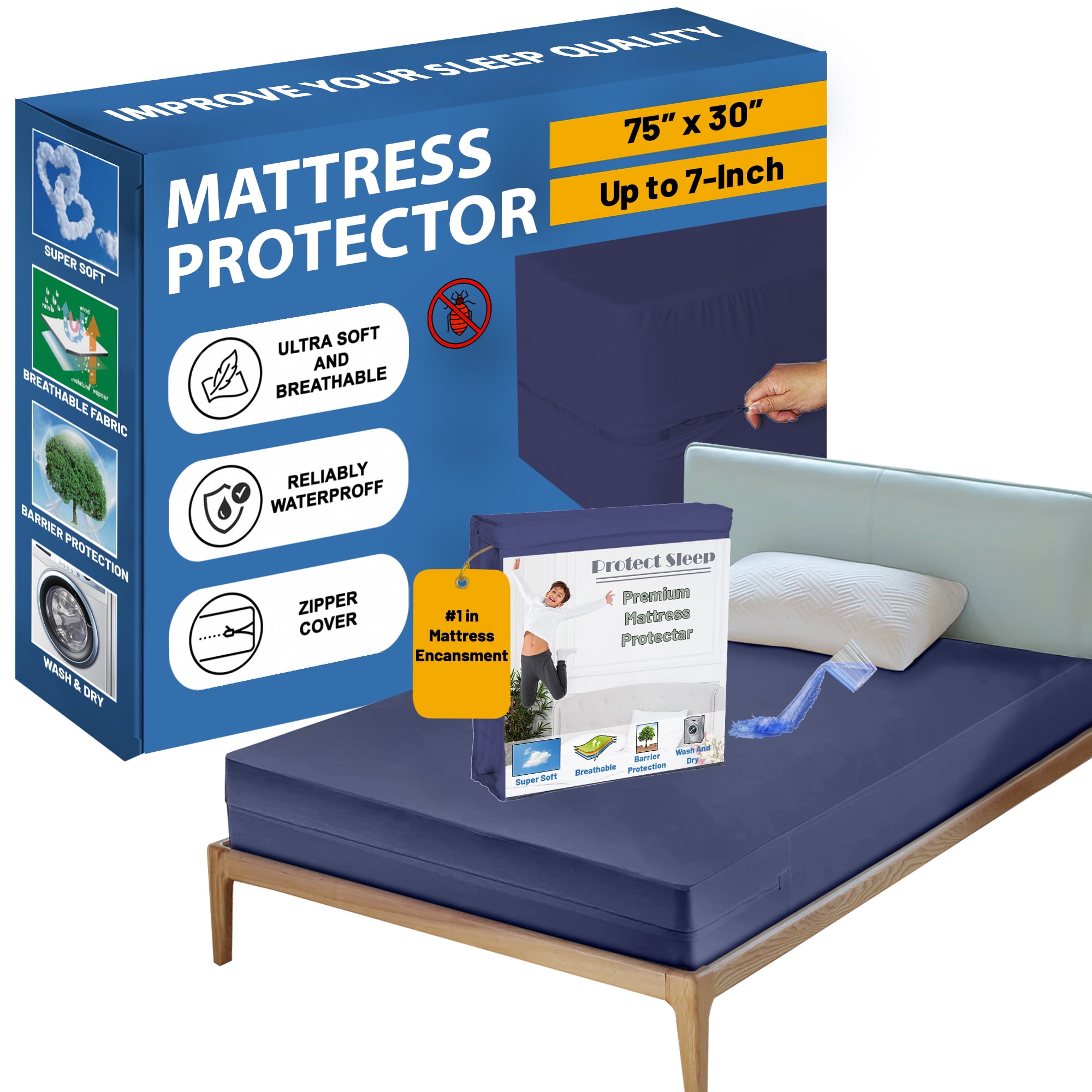 Continental Sleep, Zippered Mattress Protector Cover, Waterproof, Easy to Clean, Fits Mattress up to 7-Inch, 75" x 30", Blue