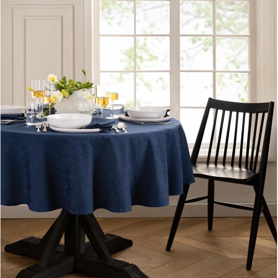Elrene Home Fashions Continental Solid Texture Water and Stain Resistant Tablecloth, Navy, 60" x 84" Oval