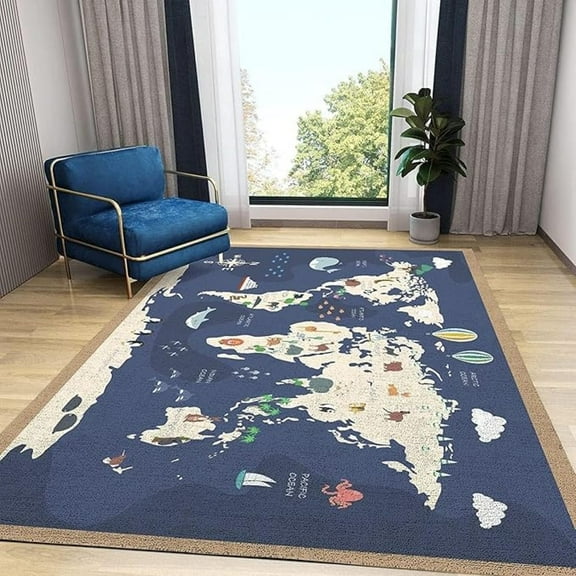 Continents Oceans World Map Area Rugs, Cartoon The World Map Blue Easy Clean Rug, Soft Non-Skid Carpet Throw Rug For Kids Bedroom Living Room Classroom 3x4ft