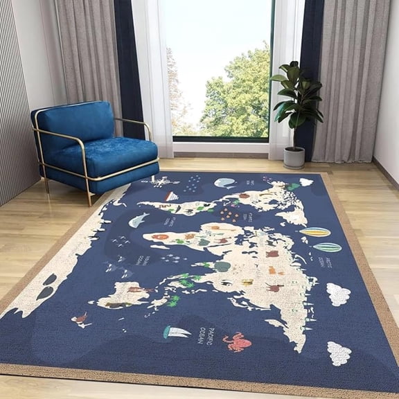 Continents Oceans World Map Area Rugs, Cartoon The World Map Blue Easy Clean Rug, Soft Non-Skid Carpet Throw Rug For Kids Bedroom Living Room Classroom 4x6ft