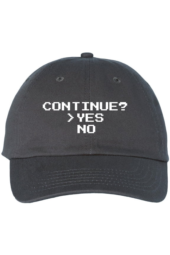 Continue? Yes No Embroidered Baseball Cap | Funny Retro Pixel Gamer Dad Hat | Adjustable Unisex Casual Cotton Hat (Charcoal)
