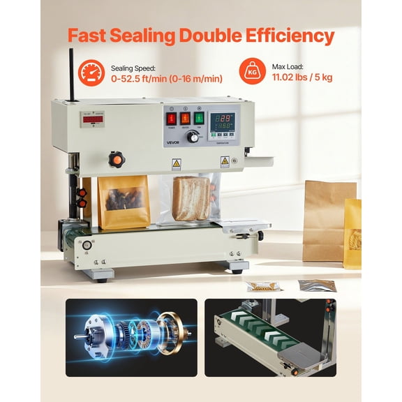 Continuous Bag Band Sealing Machine,0.24-0.47 in Seal Width,Vertical Band Sealer Machine with Roller Printing ,Temp&Speed Adjustable,Heat Sealing Machine for 0.001-0.03 in Plastic Bags