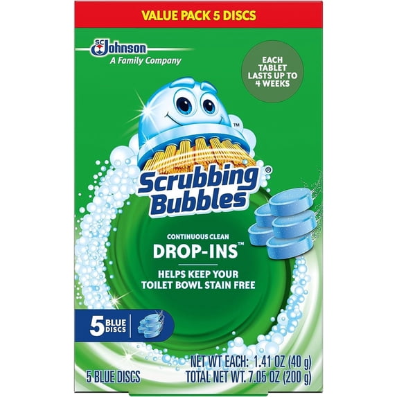 Continuous cleaning toilet drop-in cleaner, automatic blue toilet cleaner, safe for septic tank water tanks, removes hard water minerals and scale, prevents dirt and odor, 5 pack (1 bag)